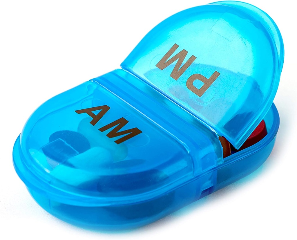 Deke Home - Pill Organizer AM PM, 2 Segment Pill Box for Pocket eller Purse, Lille Daily Medicine Case, Travel Pill Holder, Easy Open Pill Container, Vitamin & Kosttilskud (blå, pakke med 1)