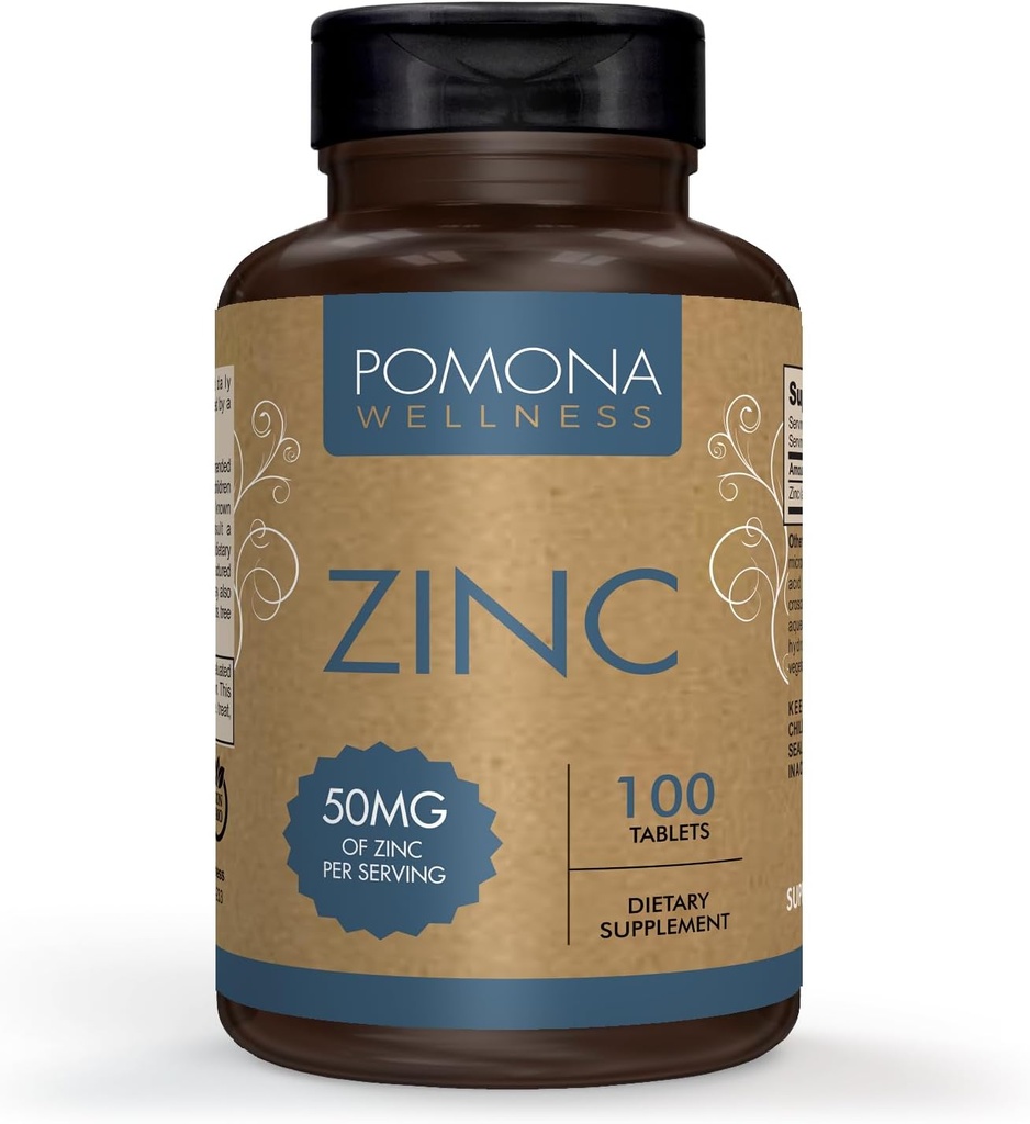 Pomona Wellness Zink Kosttilskud til voksne, 50 mg, Hud sundhed og immunforsvar, let at synke, For Antioxidant og samlet sundhed, Vegan, Non- GMO, 100 tabletter