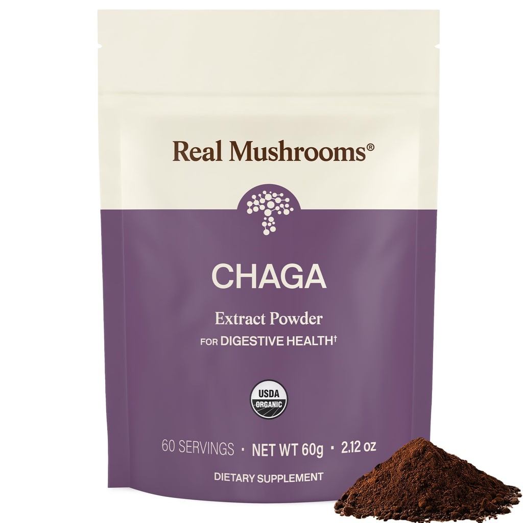 Ægte svampe Chaga Mushroom Powder - Økologisk Chaga Uddrag fra Fruiting Body - for Daglig Wellness & Energy Support - Vegan, Non- GMO, 60 Servering Mushroom Supplement