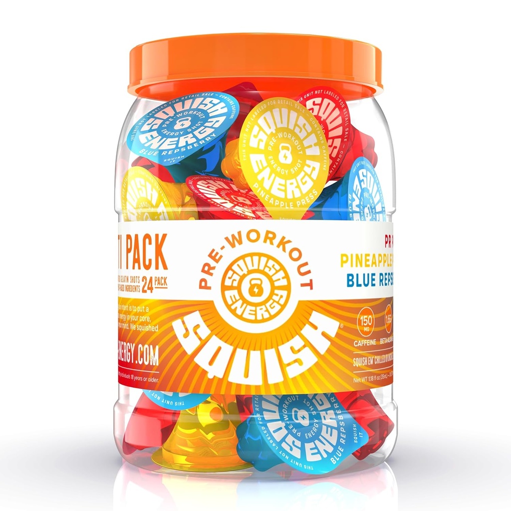 Squish Pre Workout Energy Shots, Beta- Alanine, Citrullin, Koffein, L- Theanine, Alpha- GPC, Plant baserede ingredienser støtte og forbedre træning, Blå Repsberry, Ananas Tryk, PR Punch, 24 kt. Jar