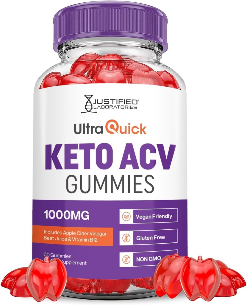 Justified Laboratories Ultra Quick Keto ACV Gummies Advanced Formel 1000MG Ultraquick Keto Gummies Apple Cider Vinciate Formuleret med Pomegranate Beet Juice Powder B12 Vegan Non GMO 60 Gummys