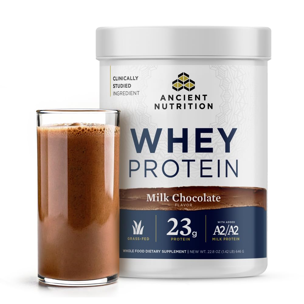 Ancient Nutrition Grass Fed Whey Protein, Milk Chocolate, 23g Protein, 20 Servere, Hydrolyzed Collagen Peptider, Organic Regenerative A2 / A2 Milk Protein