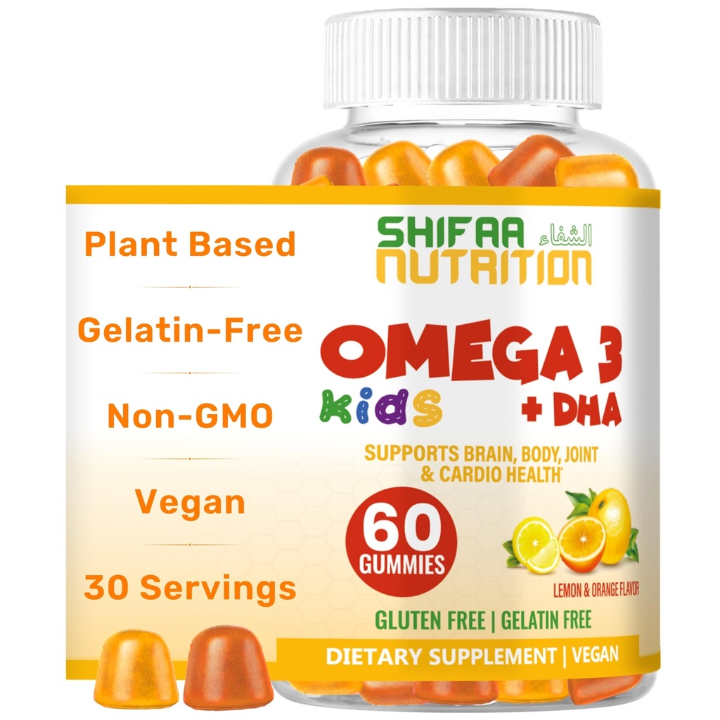 SHIFAA NUTRITION Halal Omega 3 for børn med DHA Gummies for Brain Development, Heart & Immunsupport, Plant- baseret, Non- GMO, Algae- baserede DHA, Gluten & Gelatin- Free Kids Omega 3 Gummies, 30 Servering
