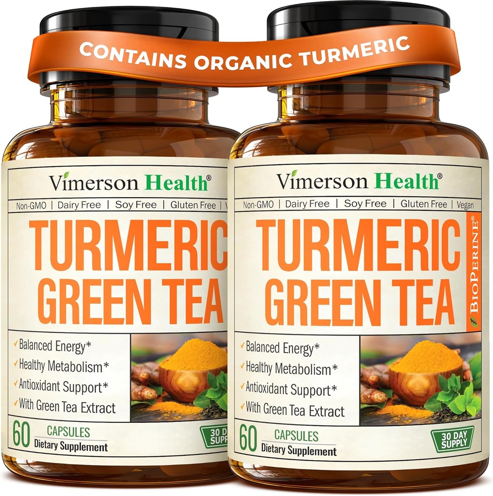 Gurkemeje Curcumin Supplement med Green Tea Extract (ECGC) & C-vitamin til fælles sundhed, energi & inflation Balance - Organic Tumerisk Curcumin med sort peber - Gluten- fri, Non- GMO. 2-Pack