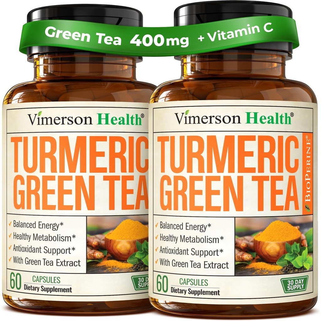 Gurkemeje Curcumin Supplement med Green Tea Extract (ECGC) & C-vitamin til fælles sundhed, energi & inflation Balance - Organic Tumerisk Curcumin med sort peber - Gluten- fri, Non- GMO. 2-Pack