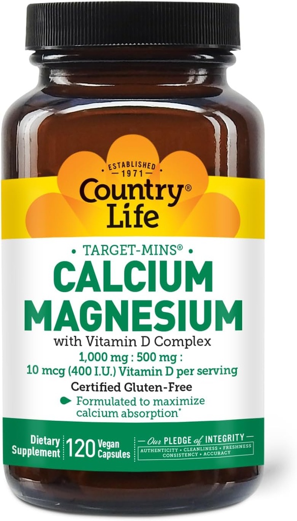 Country Life Target- Mins Calcium Magnesium med vitamin D- Complex, 1000mg / 500mg / 10mcg, 120 Vegankapsler, Certificeret Gluten Free, Certificeret Vegan, Verificeret Non- GMO Verificeret