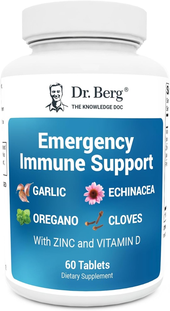 Dr. Berg Emergency immunsupport w / Echinacea - Potent Blend of Herbal Extracts (Advarsel: Stærke Herbal lugte) - Immunsupporttillæg indeholder 2.000 IE vitamin D & 10mg zink - 60 tabletter
