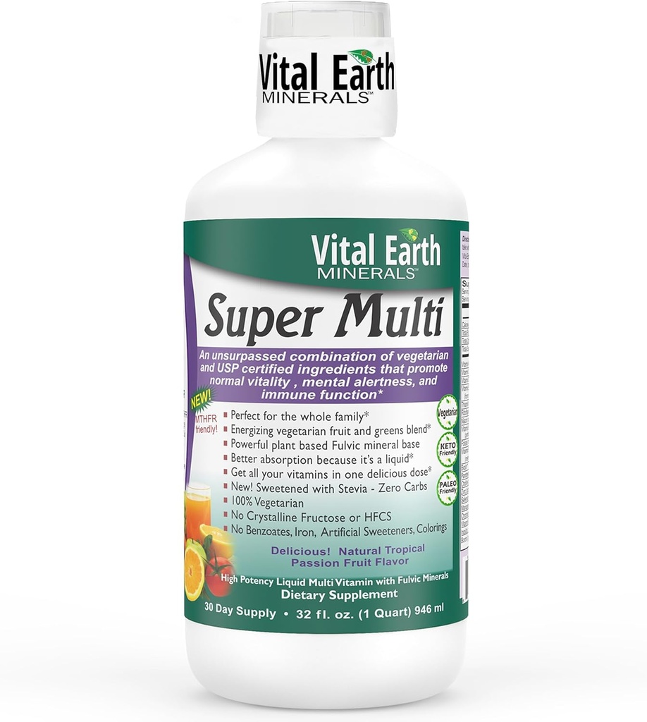 Vital Earth Minerals Super Multi - Væske Multivitaminer til kvinder, Mænd & Børn, Flydende Vitamin med Fulvic Acid til bedre Absorption, MTHFR Support, 32 Oz + 1 Oz Cup