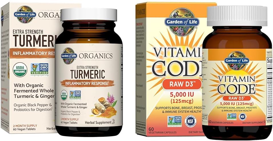 Livets have Gurkemeje Inflammatorisk respons & vitamin D3 Rå hele kosttilskud, 60 tabletter & 60 kapsler
