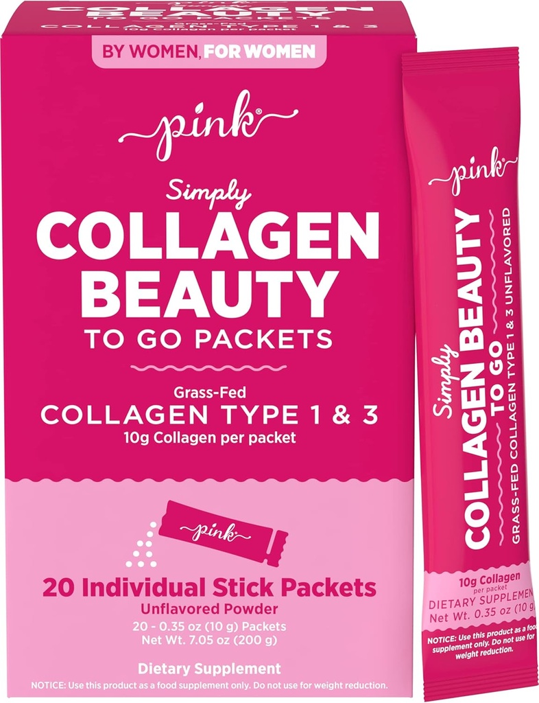 PINK Collagen Powder to Go | 20 Travel Packets | Unflavored Powder Type 1 & 3 | Gluten Free & Non-GMO Grass Fed Peptides