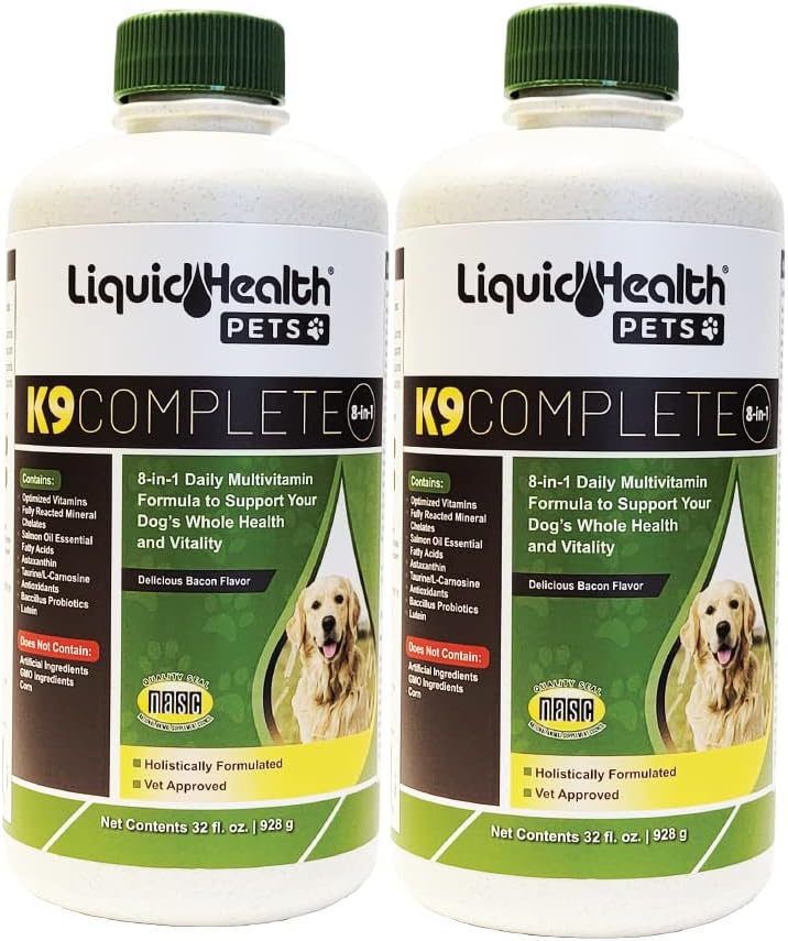 LIQUIDSUNDHED Kæledyr K9 Komplet 8- in-1 Flydende Multivitamin til voksne ældre hunde & hvalpe, Alt i én komplet formel Canine Vitaminer til hud & Coat, fælles sundhed, immunforsvar - USA Made (2 Pack)