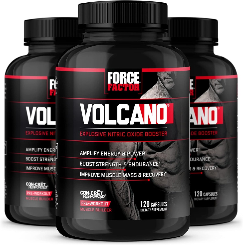 FORCE FACTOR Volcano Pre Workout nitrogenoxid booster supplement til mænd med Creatin og L-Citrullin til at hjælpe Boost nitrogenoxid, energi, Build Muscle & forbedre blodgennemstrømning, 120 Greve (pakke med 3)