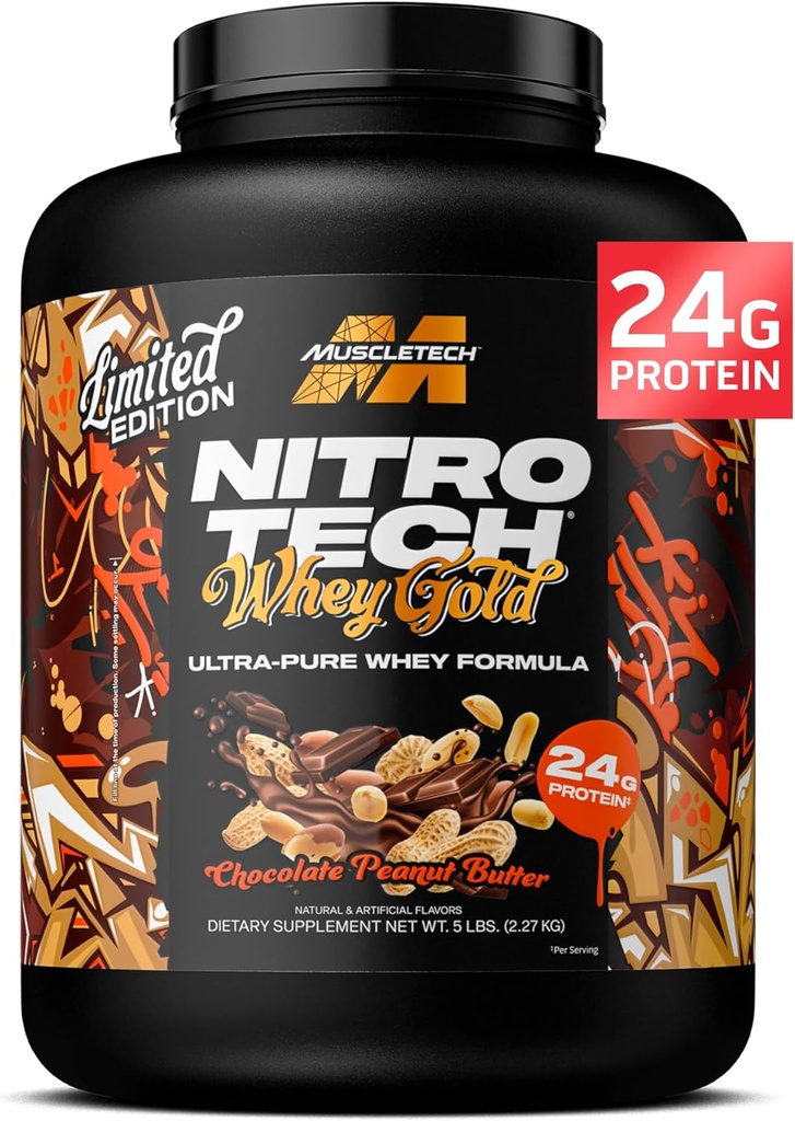 MuscleTech Whey Protein Powder (Chocolate Peanut Butter, 5LB) - Nitro- Tech Whey Protein Isolate Smoothie Mix for Lean Muscle & Fast Recovery - 24g af Whey Gold Protein for kvinder & mænd - Gluten- Free