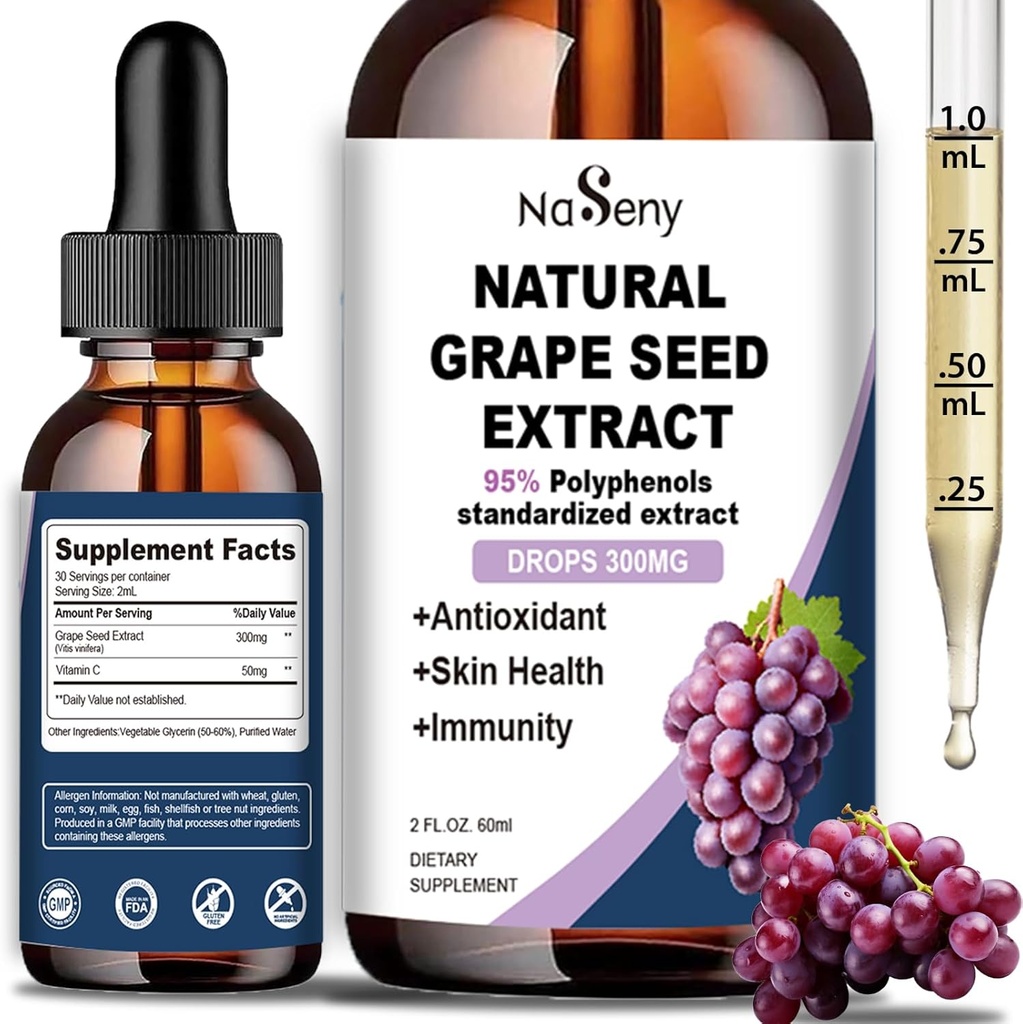 Natural Grape Seed Extract Drops- 300 mg Grape Seed Extract Liquid Supplement - Maksimal styrke Vitis Vinifera Seed Tincture, Standardiseret til 95% Polyphenoler, Non- GMO, Gluten Free (60ml)