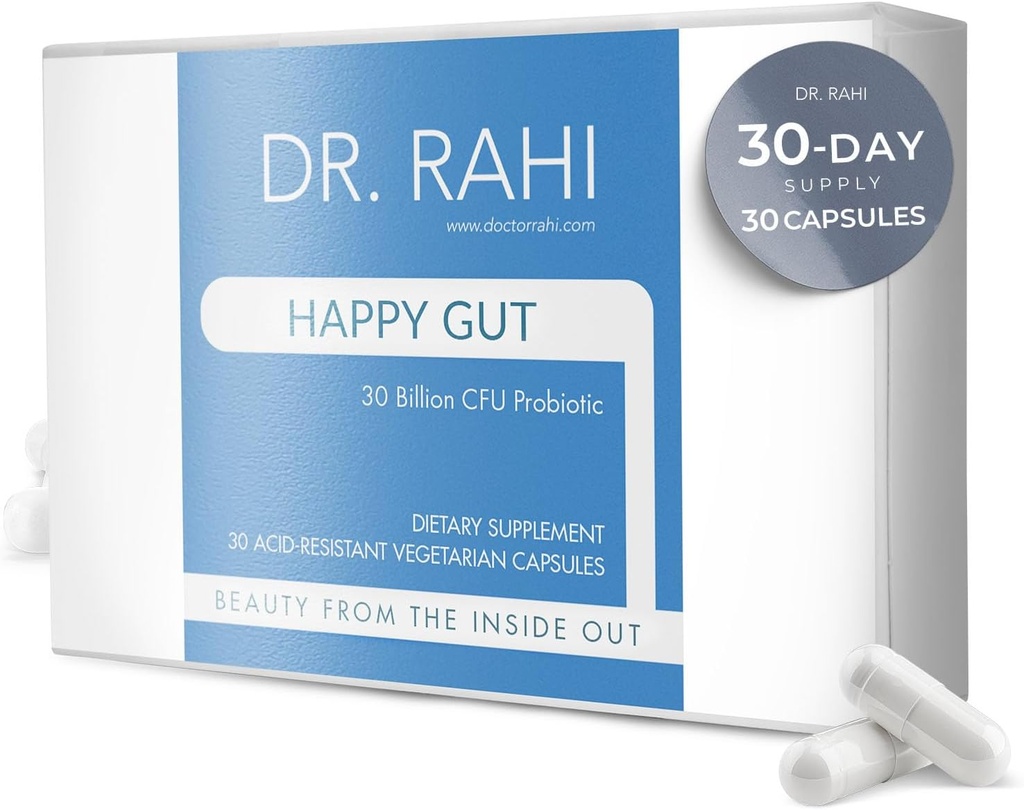 Dr. Rahi Probiotika Daily DF 30 Millioner CFU Probiotisk Gut Support, 30 Acid Resistente Kapsler, Probiotika til fordøjelse, Gut Sundhed for kvinder / mænd, Support Gut Motilitet -Happy Gut