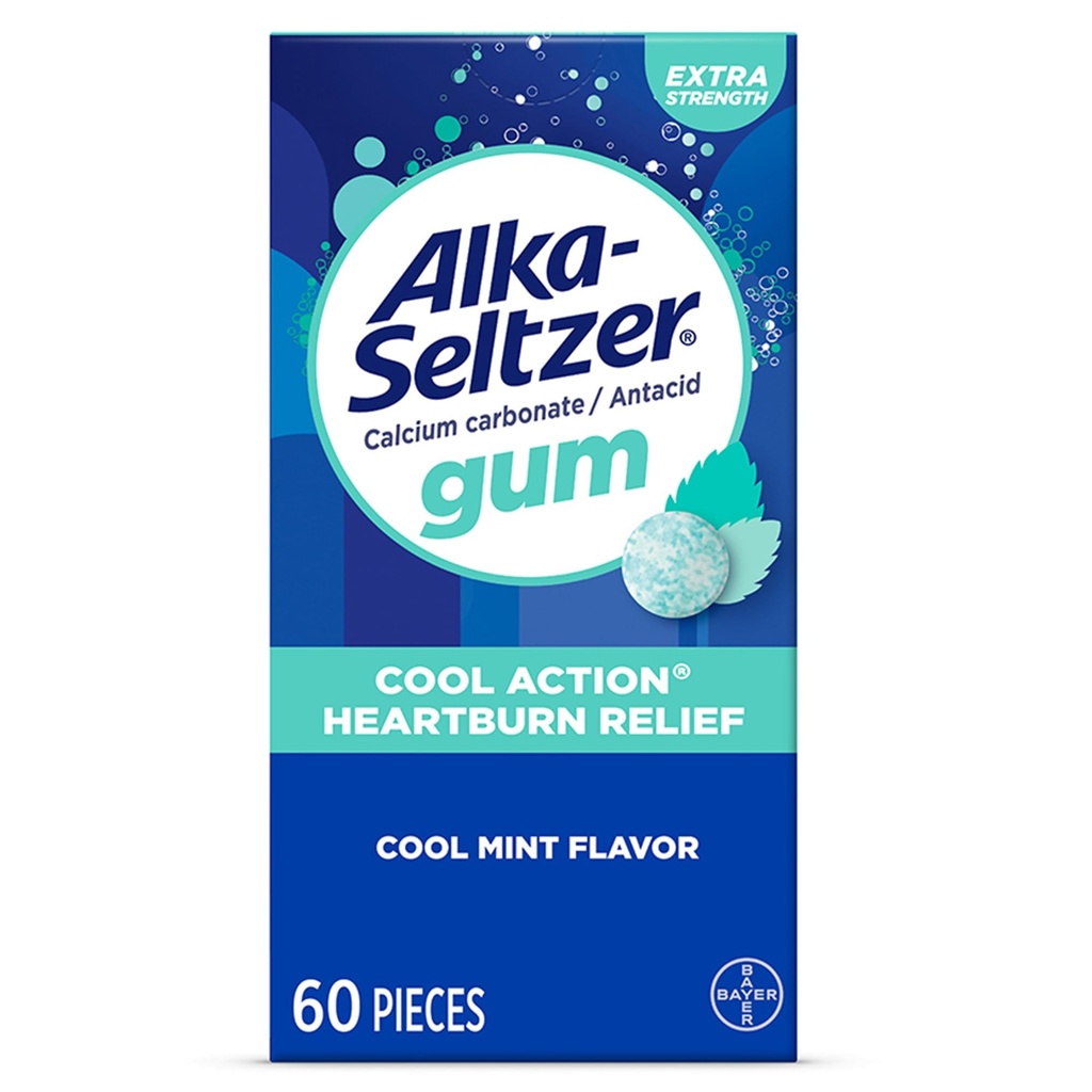 Alka- Seltzer Cool Action Heartburn Relief Gum, Extra Strength Antacida Gum, Syre fordøjelsesbesvær og Opsat Mave Relief, Ingen Chalky Taste, Cool Mint Flavor, 60 Greve
