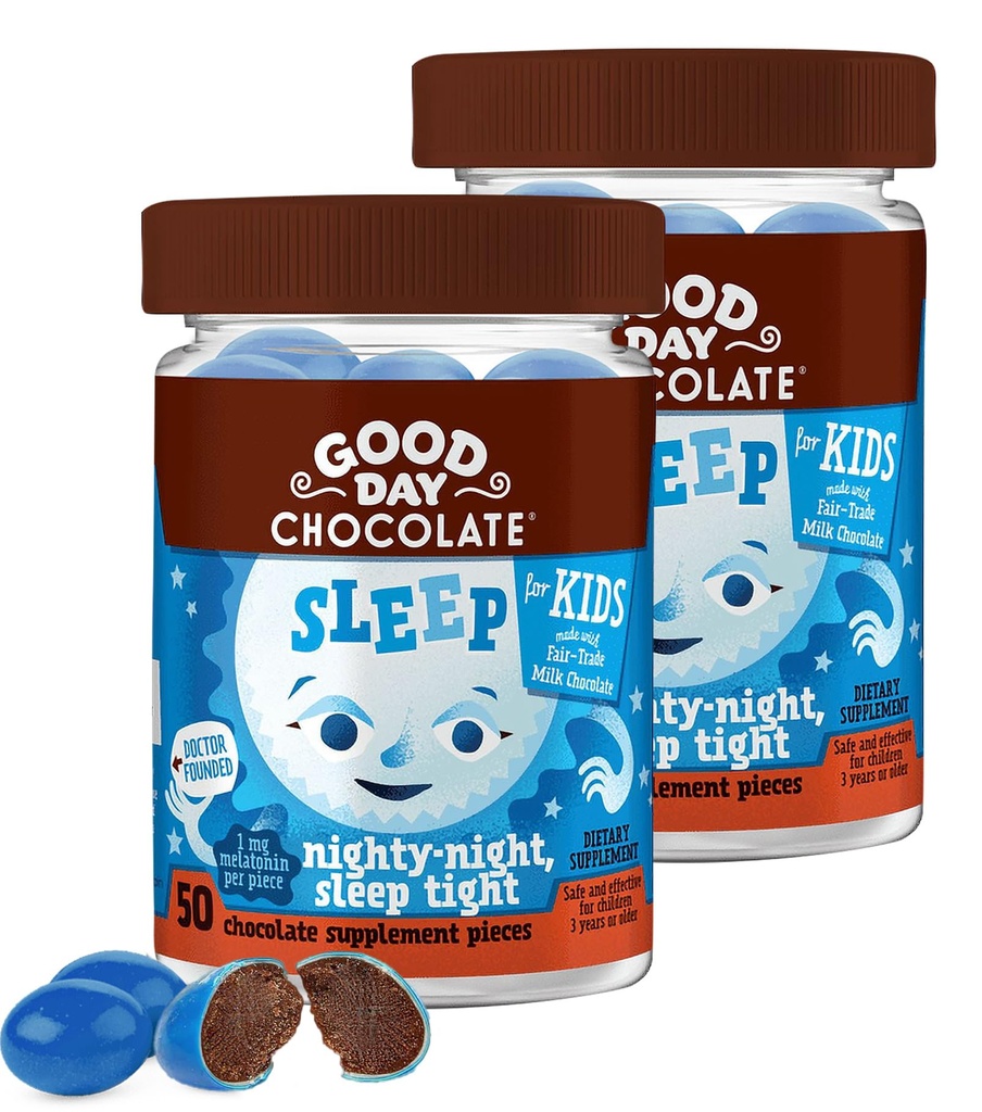 Good Day Chocolate Melatonin for Kids [2 Pack] - Fair Trade Non-GMO Chocolate with Chamomile and Melatonin 1 mg - Toddler Melatonin, Kids Natural Sleep Aid for Ages 3 and Up