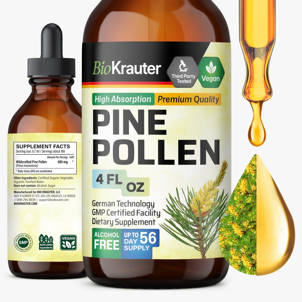 BIO KRAUTER Pine Pollen Tinktur - Pine Pollen Powder Liquid Extract for immunsupport - Alkohol & Sukker Free Natural Herbal Supplement - 4 Fl.Oz.