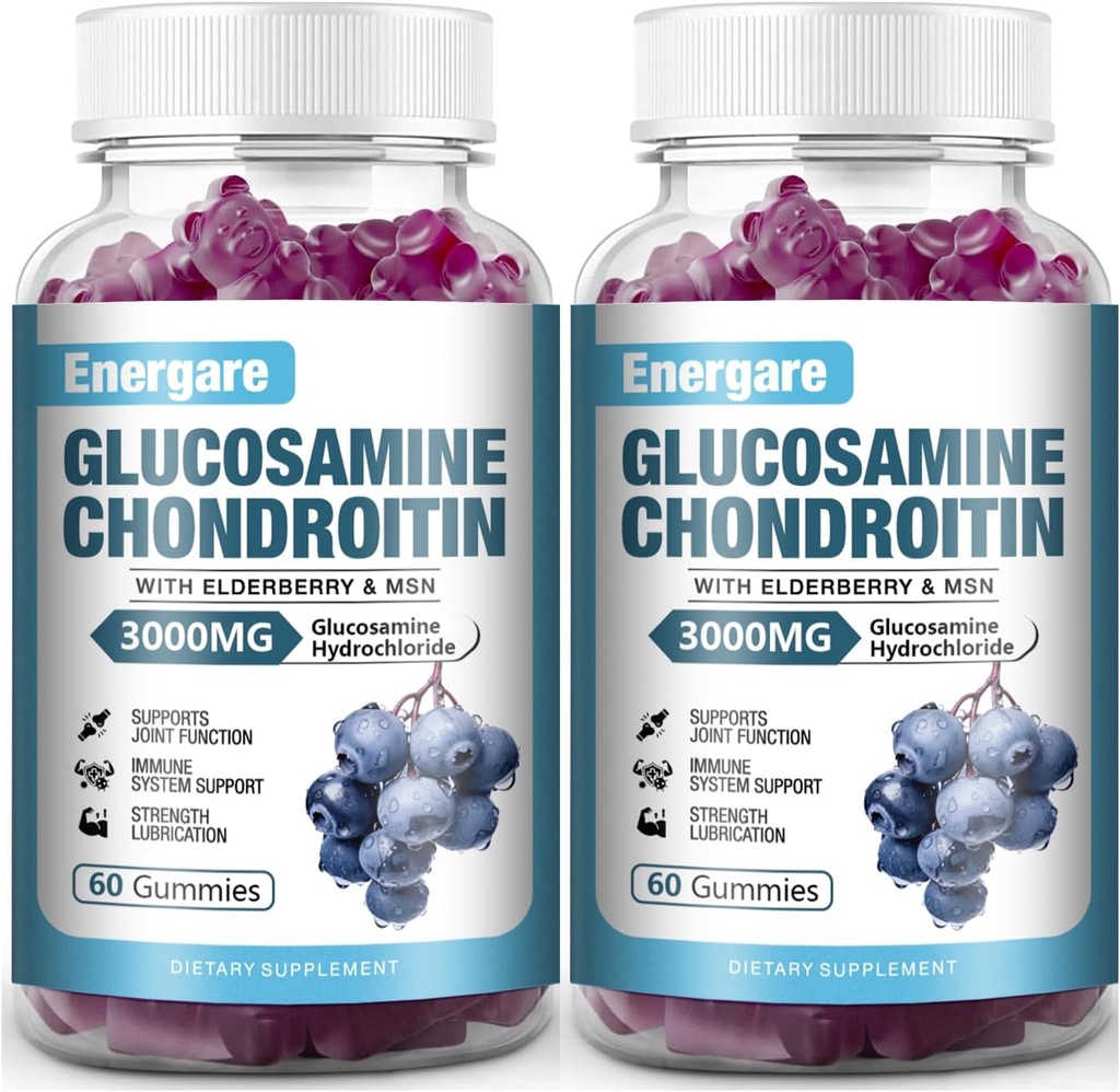 2 Pack 3000mg Glucosamin Chondroitin med MSM Gummies & Elderberry, Extra Strength Joint Support Health, Fleksibilitet, Antioxidant, immunsupplement Gummy til voksne, Mænd & Kvinder 120 Counts