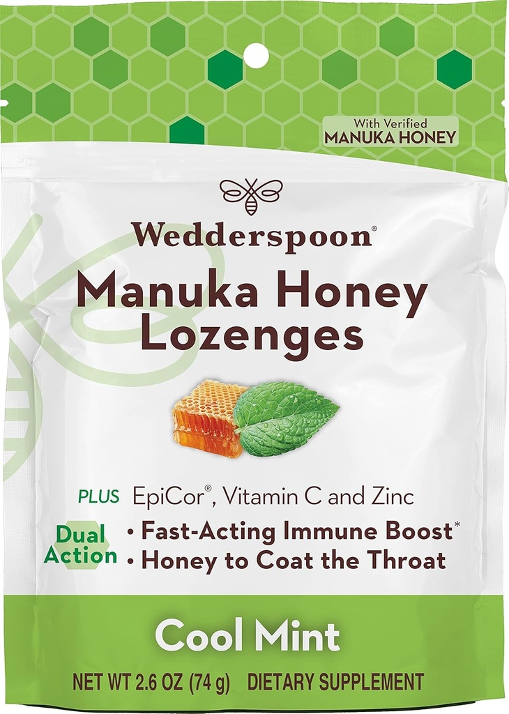 Wedderspoon Manuka Honey Immunity Lozenges, Cool Mint, 2.6 Oz (pakke af 1), Ægte New Zealand Honey, Boost Immunitet inden for to timer