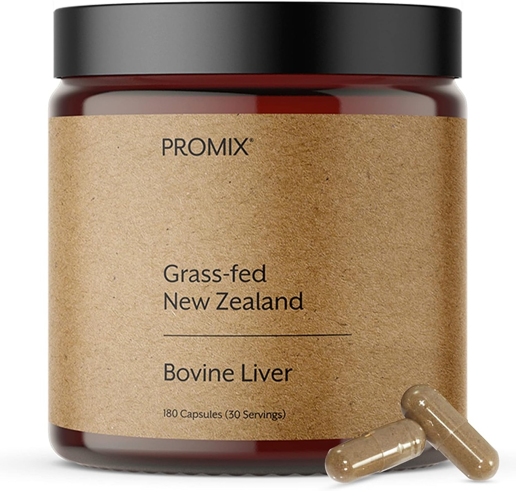 ProMix Nutrition Grass Fed Raw Beef Lever Supplement, Multivitamin - Biotilgængelig vitamin A, B12, D3, Heme Iron - 180 Gelatine kapsler