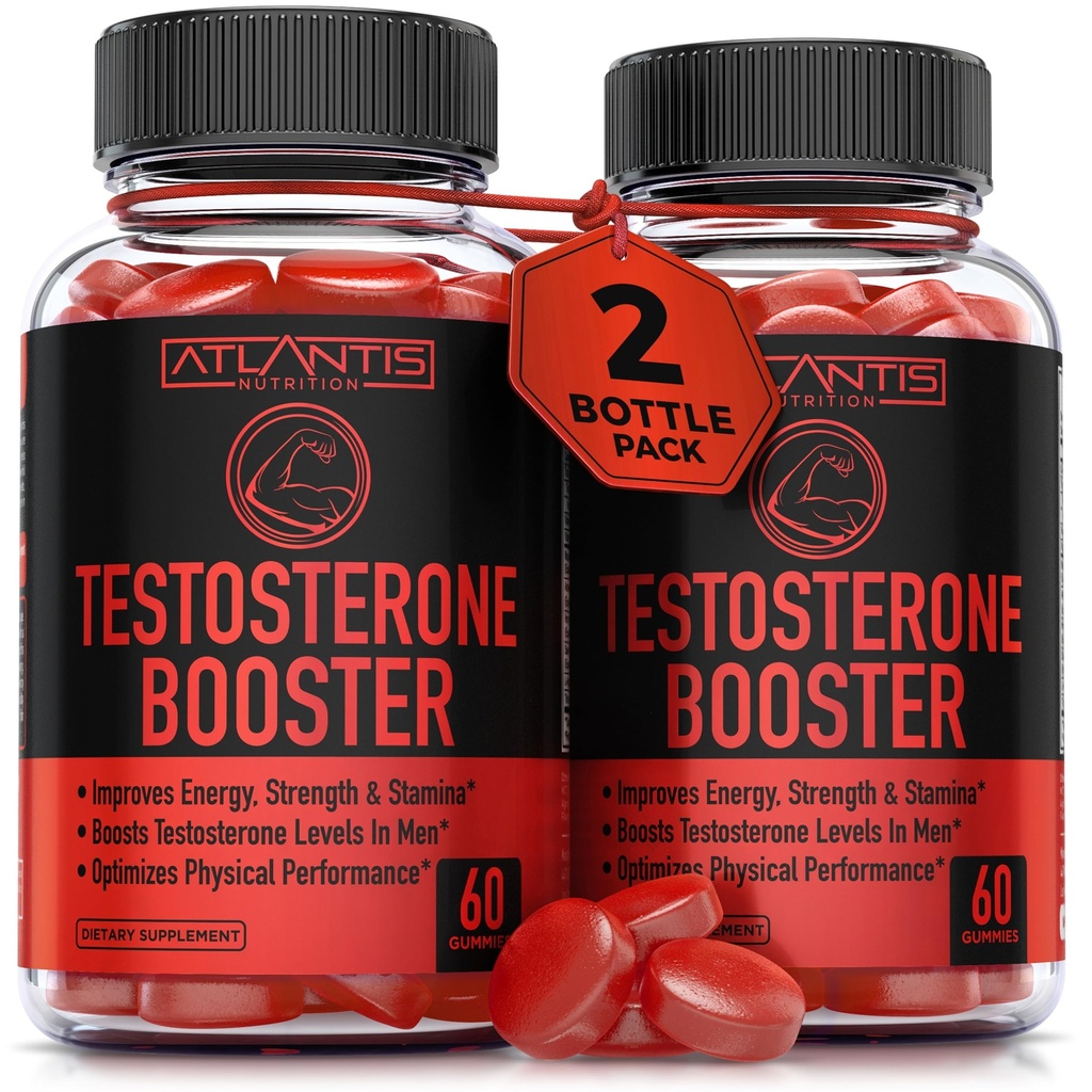 Atlantis Nutrition Testosteron Booster Gummies For Mænd - Forbedrer styrke & Stamina - Optimerer ydeevne & Male Enhancement - Made With Tribulus, Horny Geat Weed, Maca Root Medical 124; 2-Pack (120 Gummies)