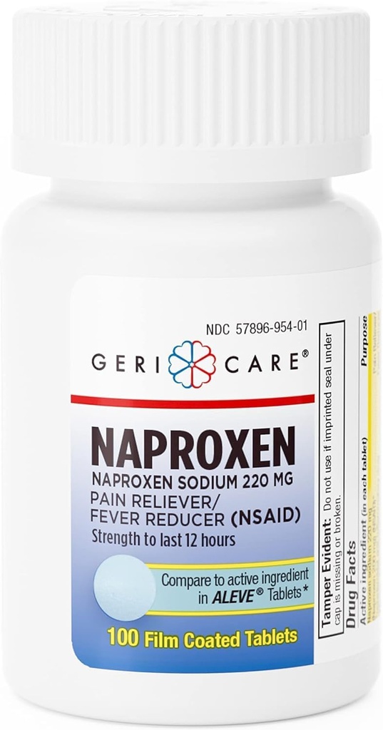 GeriCare Naproxen Sodium Tablets, 220mg (100 Count)- NSAID Extra-Strength Pain Relief for Headache, Arthritis, Muscle Aches, Menstrual Cramps- Film-Coated Naproxen, Anti-Inflammatory & Fever Reducer