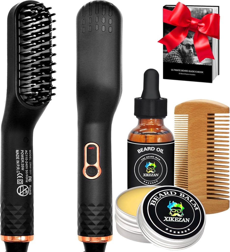 Beard Straightener w/Beard Oil & Balm & Guide E-Book,Upgraded 3 in 1 Hair Straightener Brush Beard Straightening Comb,Unique Stocking Stuffers Gifts for Men Him Dad Husband Birthday Christmas Gifts