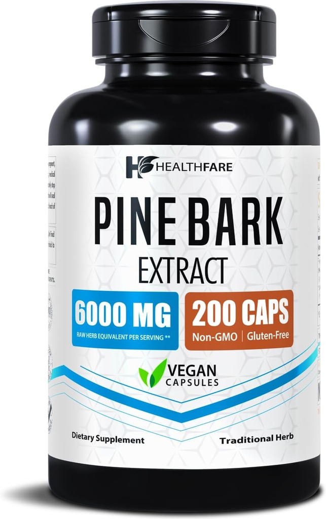 Healthfare Pine Bark Extract 6000mg French Maritime • 124; 200 Veganske Kapsler • 124; Standardiseret 95% OPC Proanthocyanidin • 124; Antioxidant Herbal Supplement • 124; Non- GMO, Gluten- Free • 124; Fremstillet i USA
