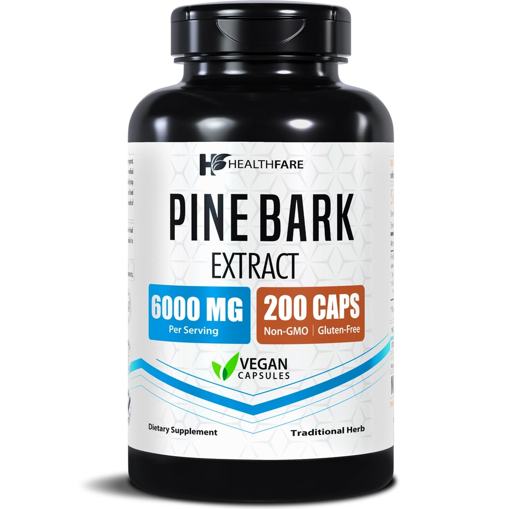 Healthfare Pine Bark Extract 6000mg French Maritime • 124; 200 Veganske Kapsler • 124; Standardiseret 95% OPC Proanthocyanidin • 124; Antioxidant Herbal Supplement • 124; Non- GMO, Gluten- Free • 124; Fremstillet i USA