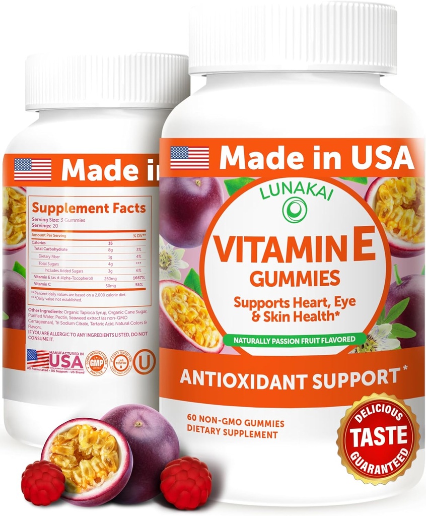 Lunakai USA Made Vitamin E Gummies 400IE med C-vitamin - lækker, Vegan, Non- GMO supplement til daglig hud & øje support, 60ct