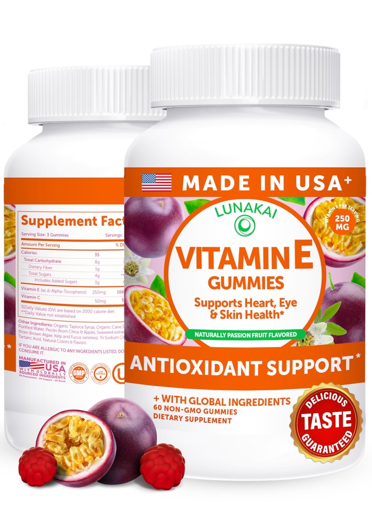 Lunakai USA Made Vitamin E Gummies 400IE med C-vitamin - lækker, Vegan, Non- GMO supplement til daglig hud & øje support, 60ct