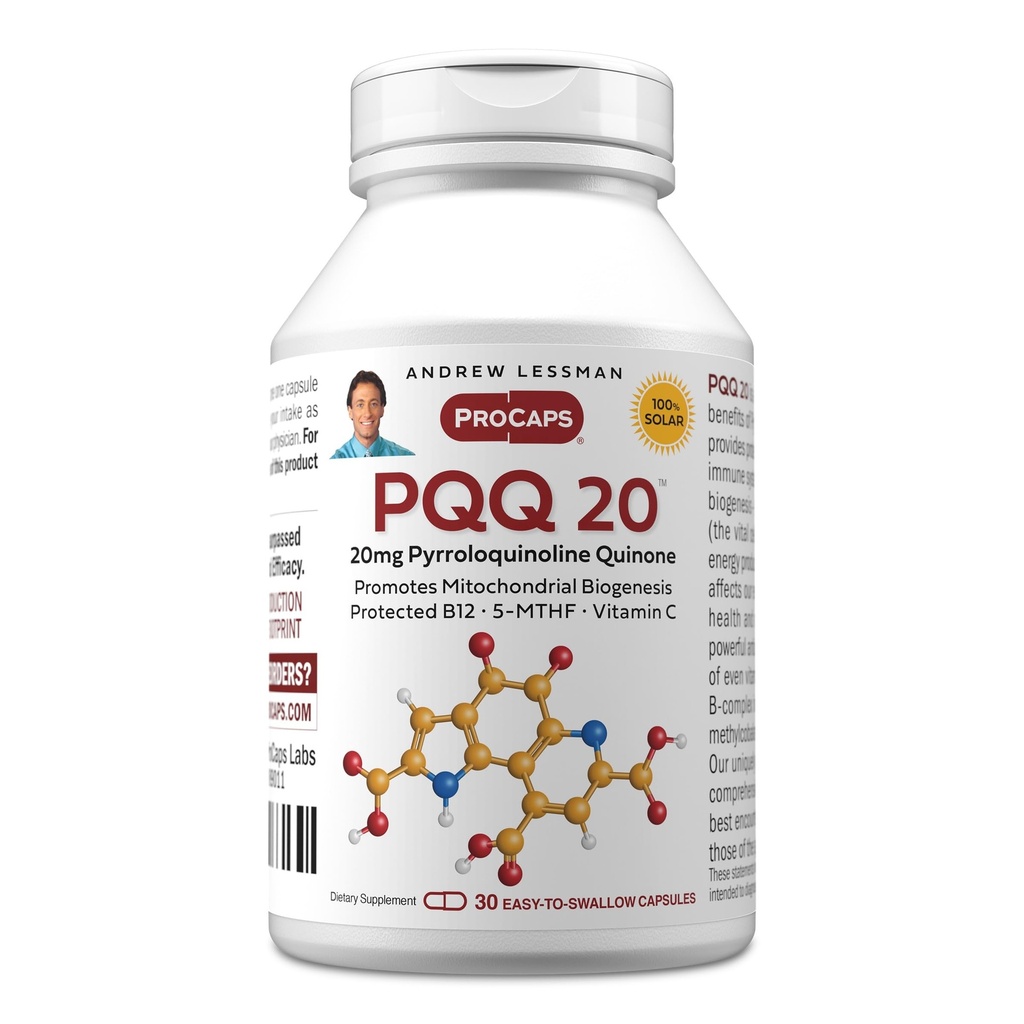 ANDREW LSSMAN PQQ 20mg - 30 kapsler - 20mg Pyrroloquinoline Quinone, Natural Protective Compound Supports Vital Organs, Heart, Brain, Lever, immunsystem. Mitokondriel Biogenese, Ingen tilsætningsstoffer