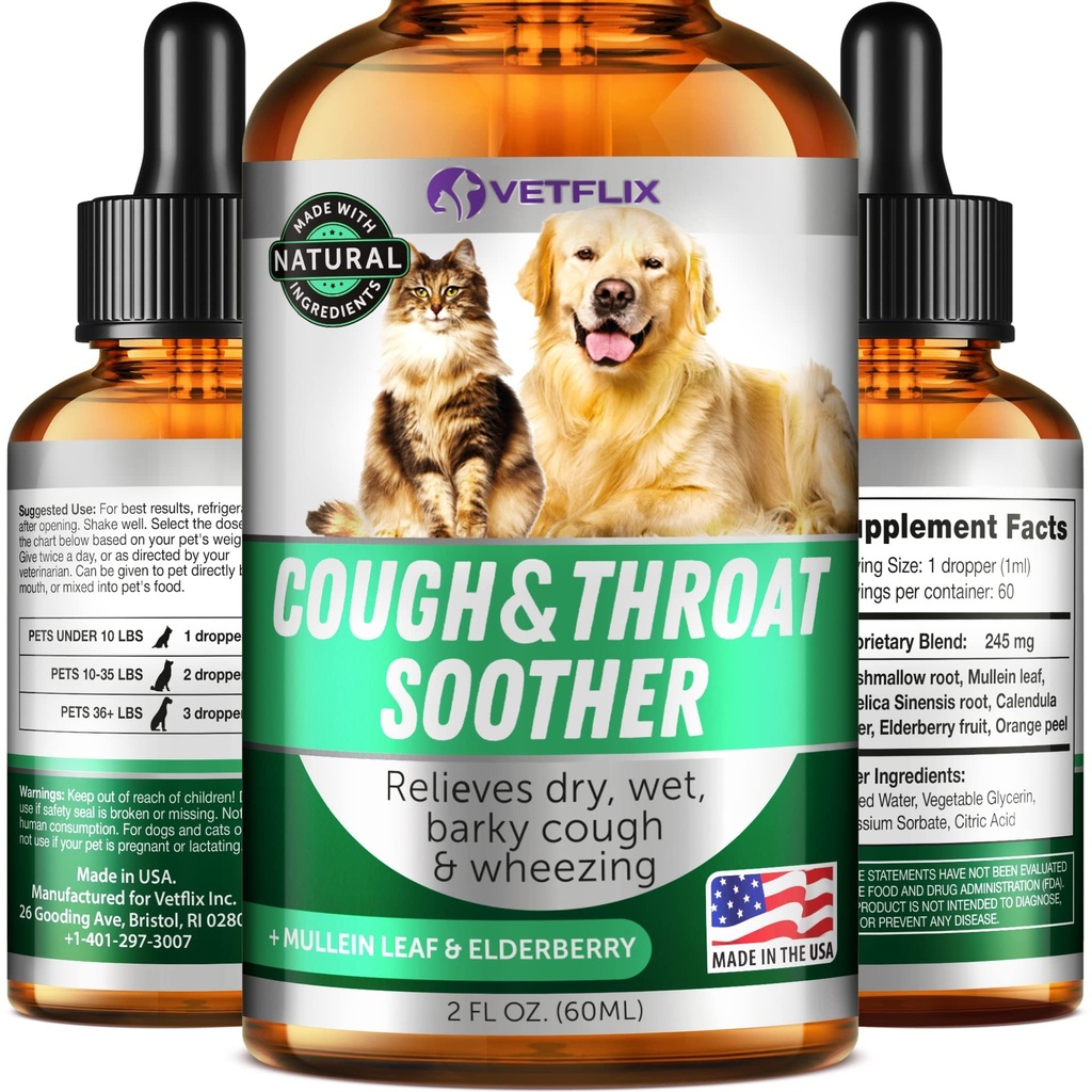 Kennel Hoste Behandling for hunde & katte - Made in USA - Hund Allergy & Kat Astma Relief - Mullen Leaf & Elderberry Blend - Tør, Wet & Barky Hough Relief for hunde & katte - Alle racer & størrelser - 2 Fl Oz
