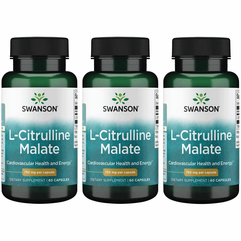 Swanson L- Citrullin Malat - Aminosyretilskud til fremme af energiproduktion og sund blodcirkulation - Naturlig formel støtte Samlet wellness - (60 kapsler, 750mg hver) (3 Pack)