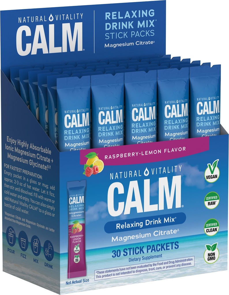 Naturlig Vitality rolig, Magnesium citrat supplement, Anti- Stress drikke mix pulver - Gluten Free, Vegan, & Non- GMO, Raspberry Lemon, 0,12 oz, 30 Pakninger