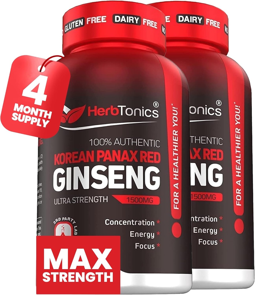 Herbtonics Koreansk Rød Panax Ginseng 1500mg - Energitilskud til Peak Performance, Focus & Vitality - Høj potens Ginseng Root Extract - 240 Veganske kapsler