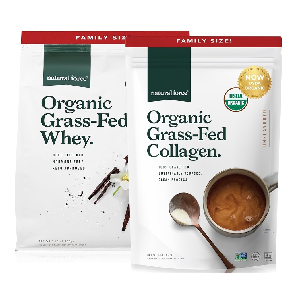 Natural Force Grass Fed Organic Whey Protein Powder Vanilla Flavor 5 lb Organic Clean Collagen Peptides Powder Unflavored, 32oz