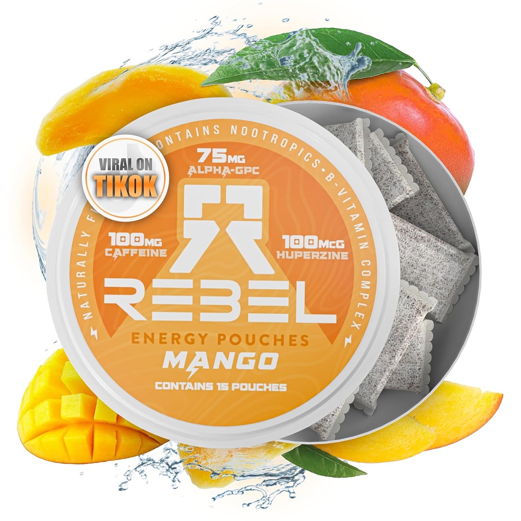 Nootropisk energi Koffein Pouches • 100mg Koffein • Alpha GPC • Huperzine A & Essentielle Vitaminer • Sukkerfri • Kokos Fiber Technology • Mango Flavor • 15 Pouches Per Can (pakke med 1)