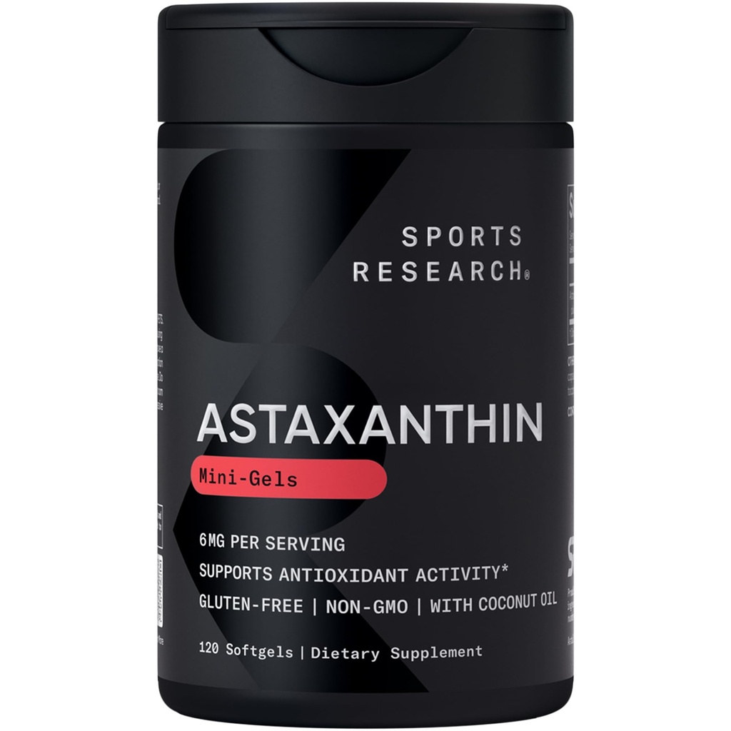 Sportsforskning Triple Strength Astaxanthin Supplement (6 mg) med Organic Coconut Oil for Antioxidant Activity, Skin & Eye Health Support - Non- GMO Verified & Gluten Free - 120 Softgels