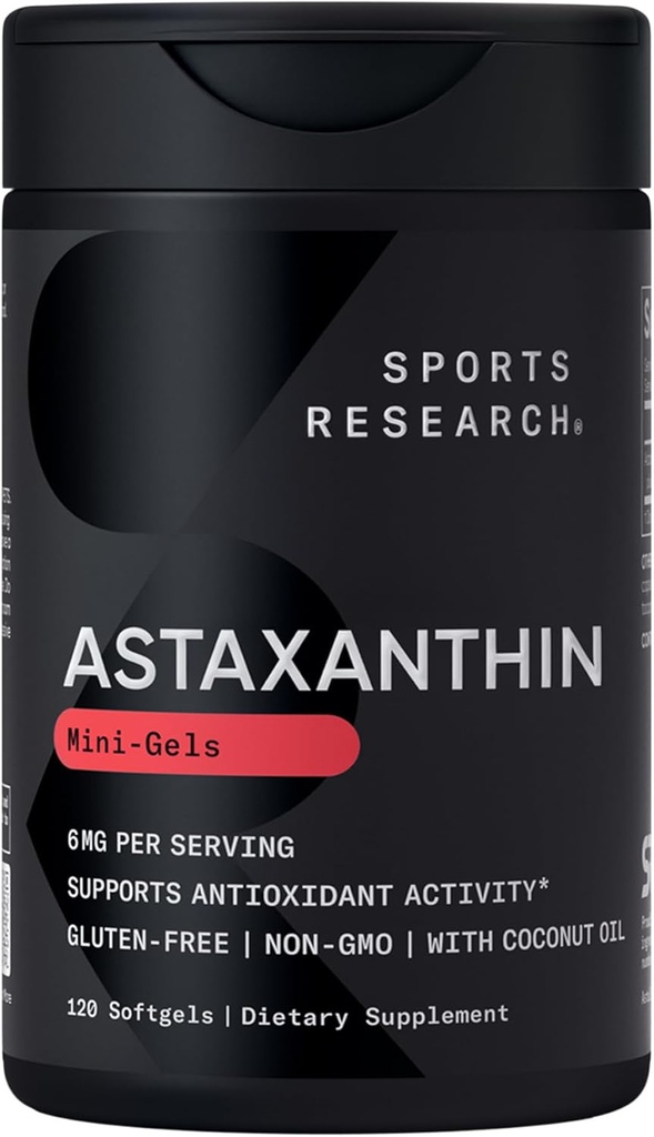 Sportsforskning Triple Strength Astaxanthin Supplement (6 mg) med Organic Coconut Oil for Antioxidant Activity, Skin & Eye Health Support - Non- GMO Verified & Gluten Free - 120 Softgels