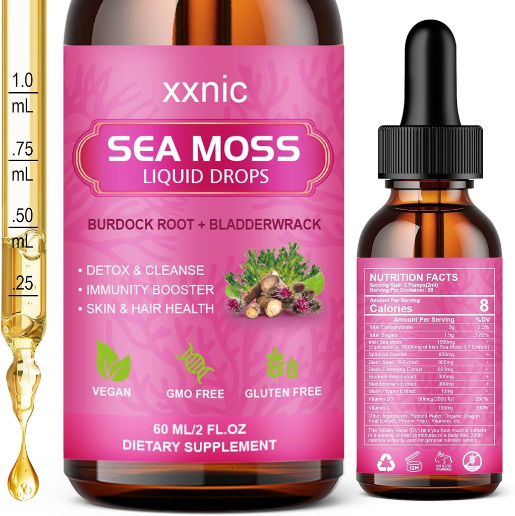 Sea Moss Advanced Liquid Drops, 3000mg Organic Sea Moss Liquid med Black Seed Oil & Irish Seamoss Gel, Raw Sea Moss Support Immunitet, Fælles, fordøjelsesmæssig sundhed, 60mL- L8