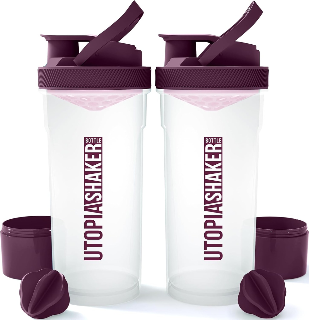 Utopia Home Shaker Flaske 2 Pack - 24 Ounce Plastic Protein eller Cocktail Shaker Flaske til Pre & Post træning med Twist & Lock Protein Box Storage (Clear / Plum)