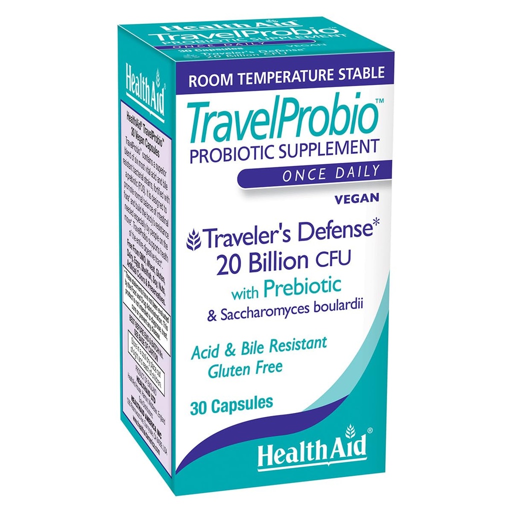 HealthAid TravelProbio 20 Millioner CFU Probiotic - Saccharomyces boulardii + Prebiotic (FOS), Acid & Bile Resistent - En gang Daglig Vegan, Gluten Medical Free, Room Medical Temp Stable - Rejser fordøjelsesstøtte