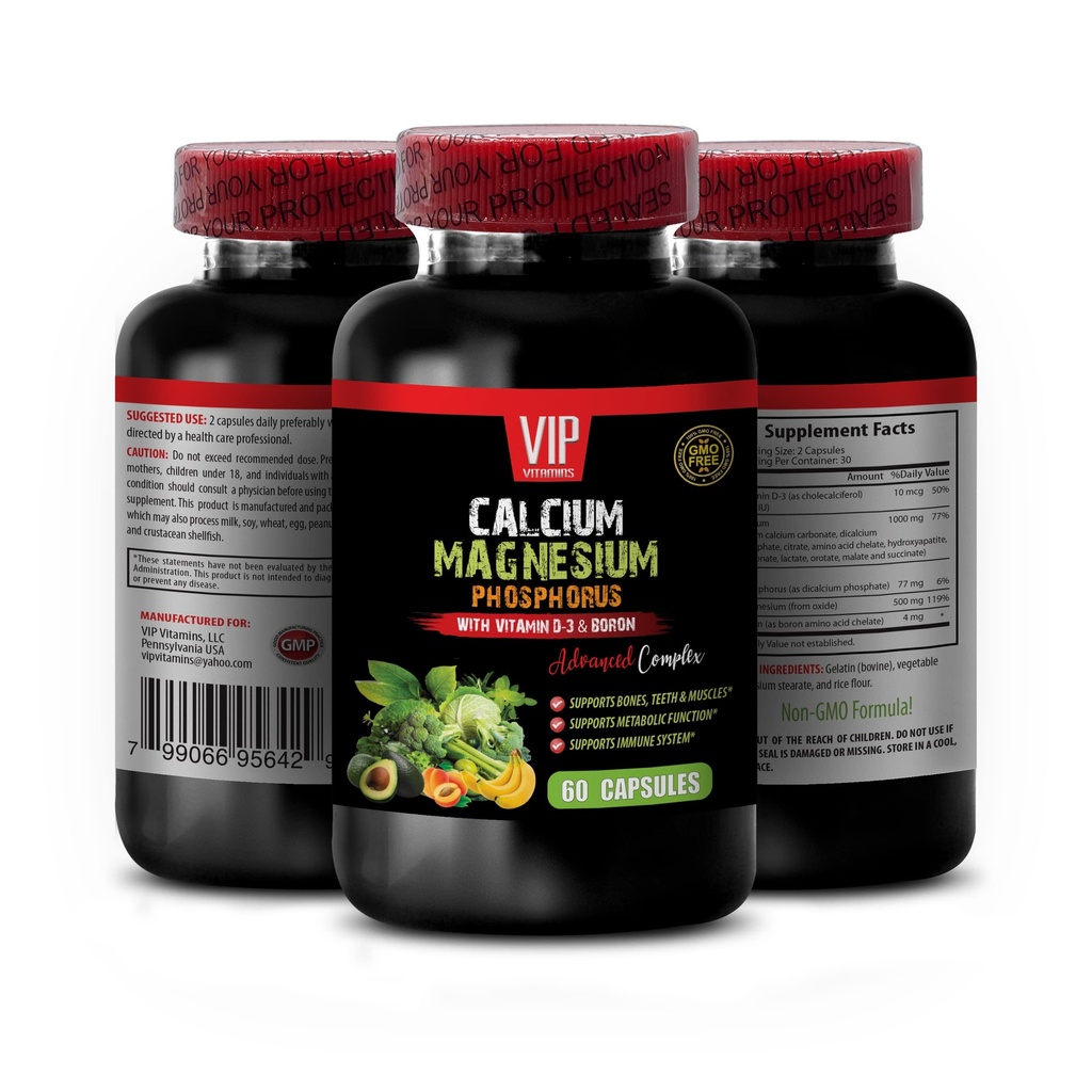 Knogle- og ledvitaminer - Calcium Magnesium Phosphor, med vitamin D-3 og Boron Advanced Complex - Phosphorus Magnesium, Calcium Magnesium Supplement, Calcium Magnesium Kalium 1 Bot 60 Kapsler