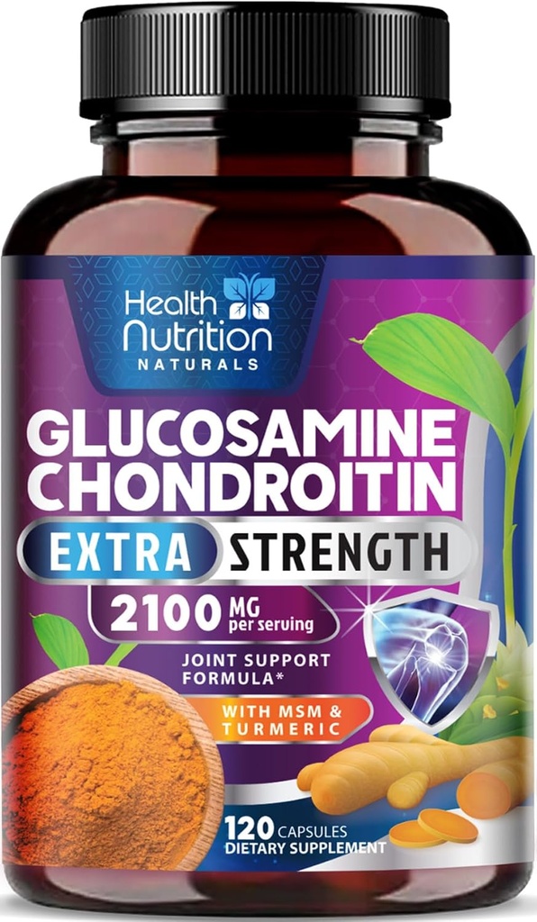 Glucosamin Chondroitin 2100mg - 3X Strength Joint Support Supplement med MSM, Glucosamin Sulfate, gurkemeje, Boswellia, Quercetin for Cartiage, Fleksibilitet & Mobility, Flasket i USA, 120 Kapsler