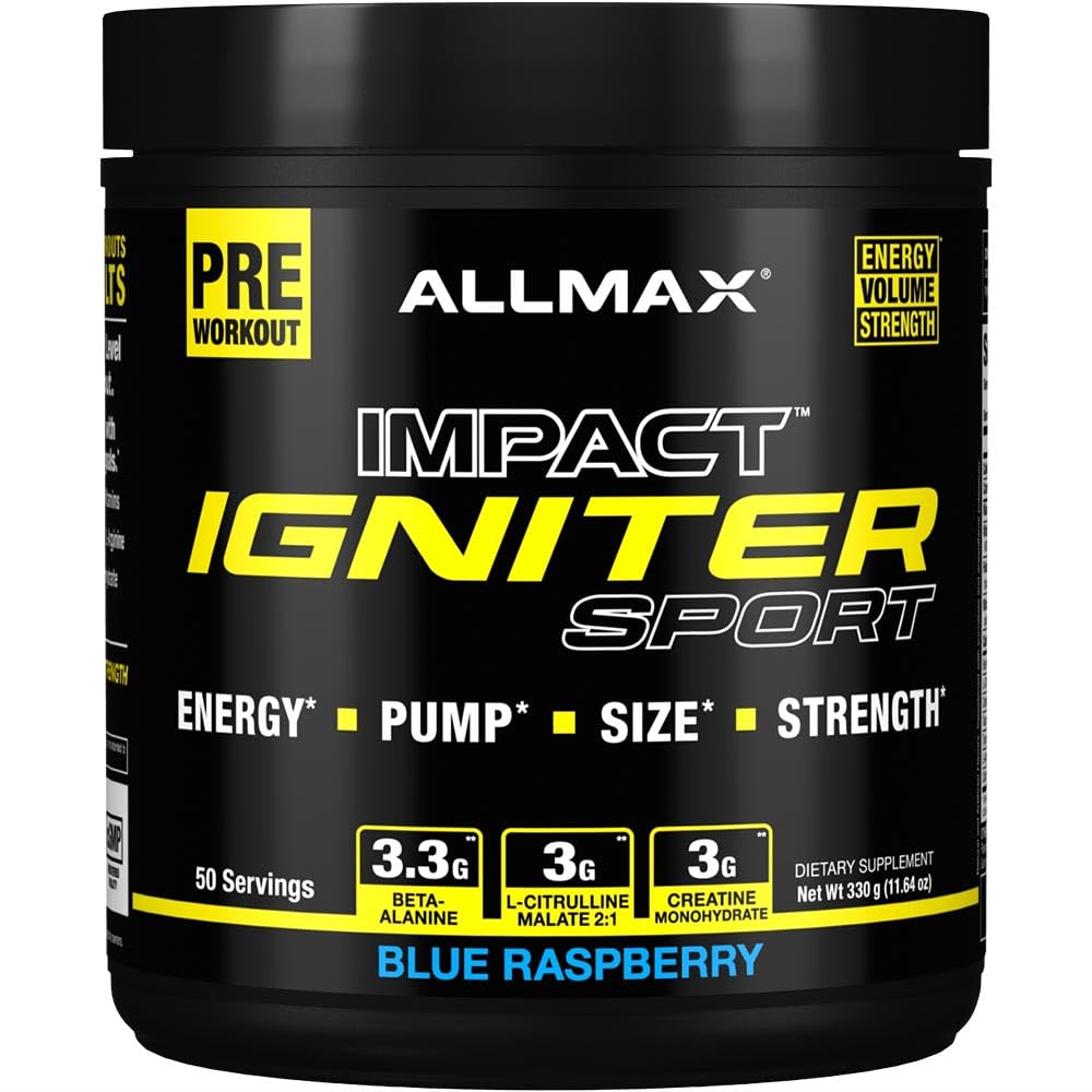 ALLMAX IGNITER Sport, Blå Hindbær - 330 g - Præ- workout Formel - med koffein, L-Citrullin, L-Arginin, Creatin & Beta-alanine - Op til 50 Servere