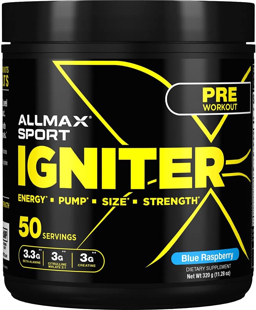 ALLMAX IGNITER Sport, Blå Hindbær - 330 g - Præ- workout Formel - med koffein, L-Citrullin, L-Arginin, Creatin & Beta-alanine - Op til 50 Servere