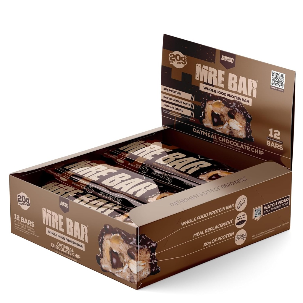 REDCON1 MRE Protein Bar, Havregryn Chokolade Chip - Indeholder MCT Oil + 20 g hel fødevare Protein - Nemt fordøjeligt, Macro Balanceret Lavsukkermel erstatning Bar (12 Barer)