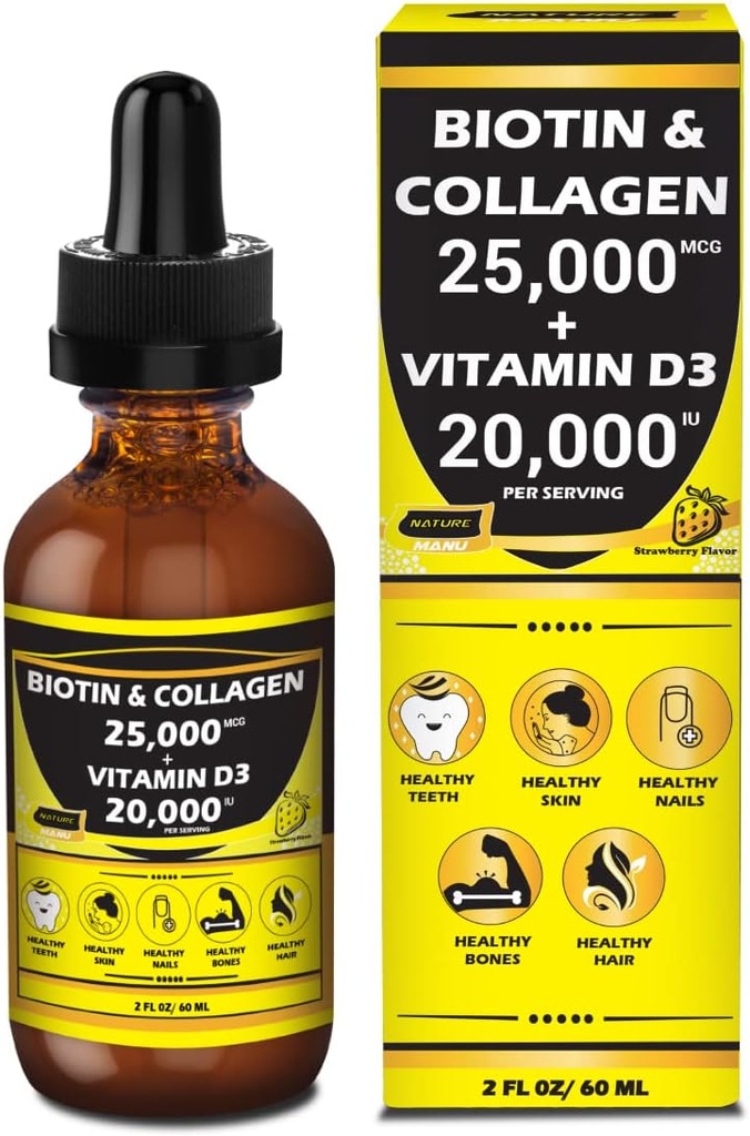 Nature Manu- Premium 25,000mcg Flydende Biotin & Collagen + 20,000iu Vitamin D3 All- in- one Wellness Daily Drops. Understøtter sund hud, stærkere negle, hårvækst. Tasty Strawberry Flavor - 2 FL OZ / 60 ML